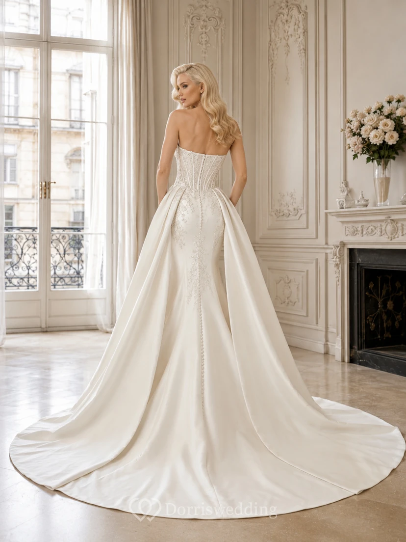Robe de mariée impeccable en satin et dentelle, bustier cœur, traîne cathédrale, galerie de robes de mariée view 2