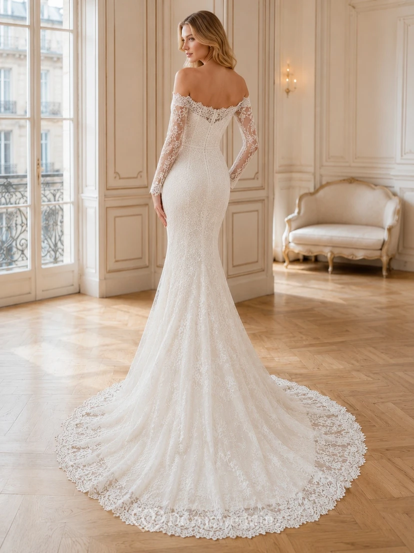 Brautkleid im Meerjungfrauenstil mit langen Ärmeln, Spitze und Schleppe, festlich view 2
