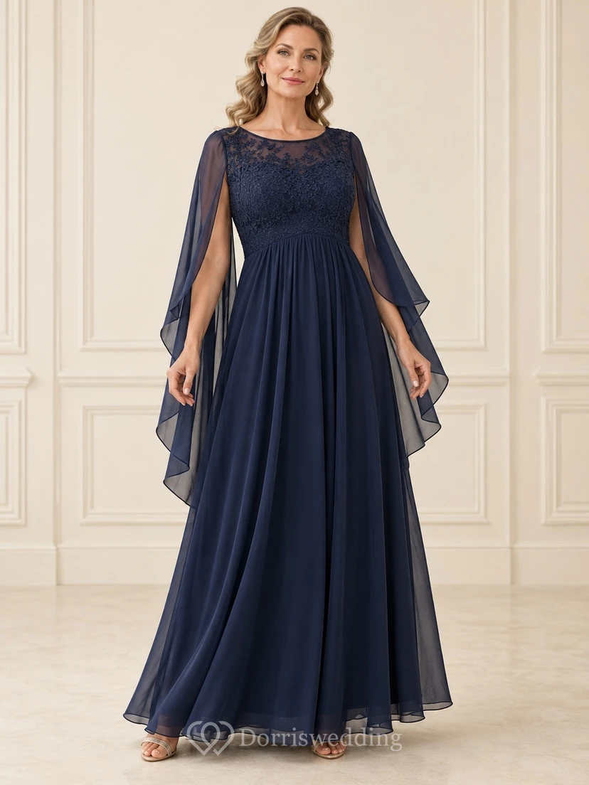 Vestido de novia azul marino de corte imperio, línea A, largo hasta el suelo, de gasa de encaje con mangas tipo capa.