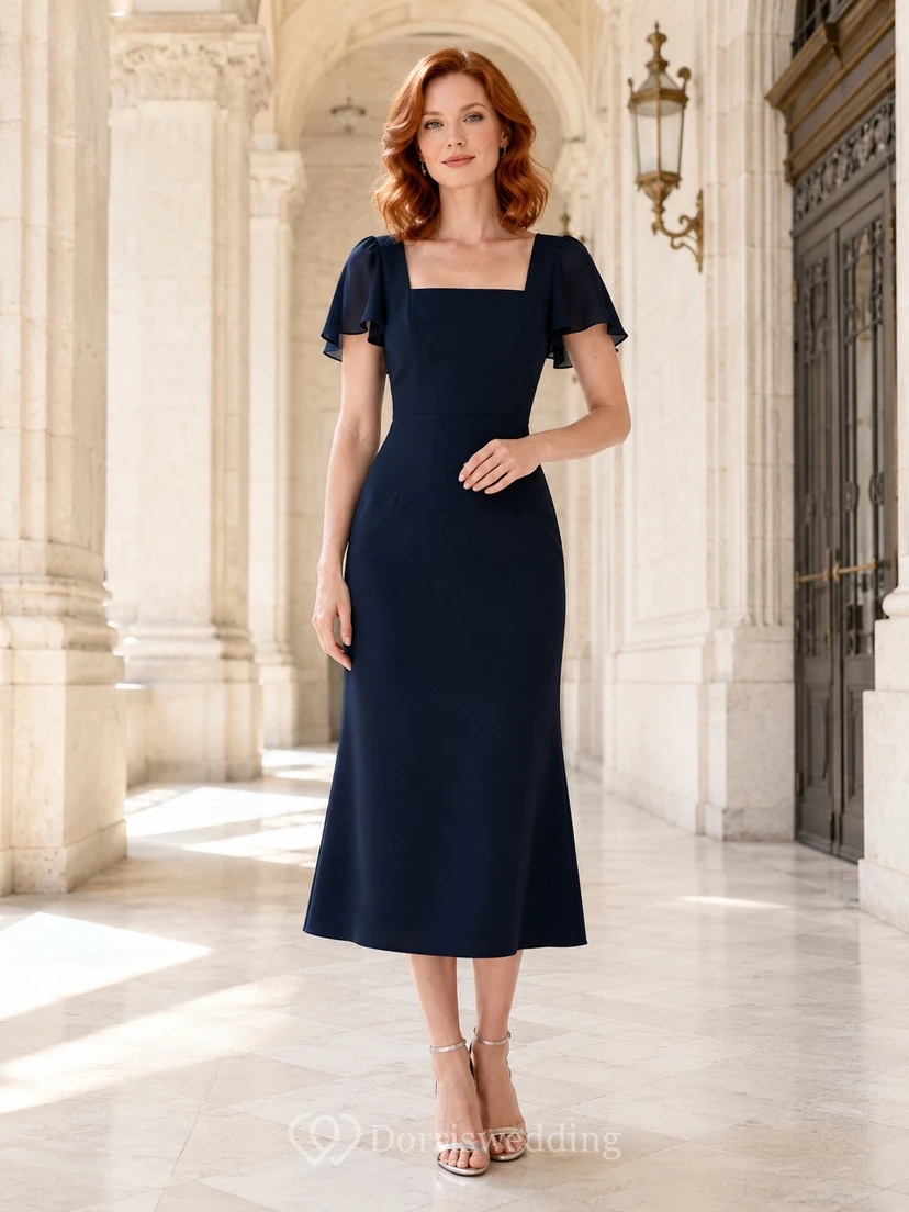 City Hall Dark Navy Square Neck Crepe Sheath Tea-Length Short Sleeve Dress