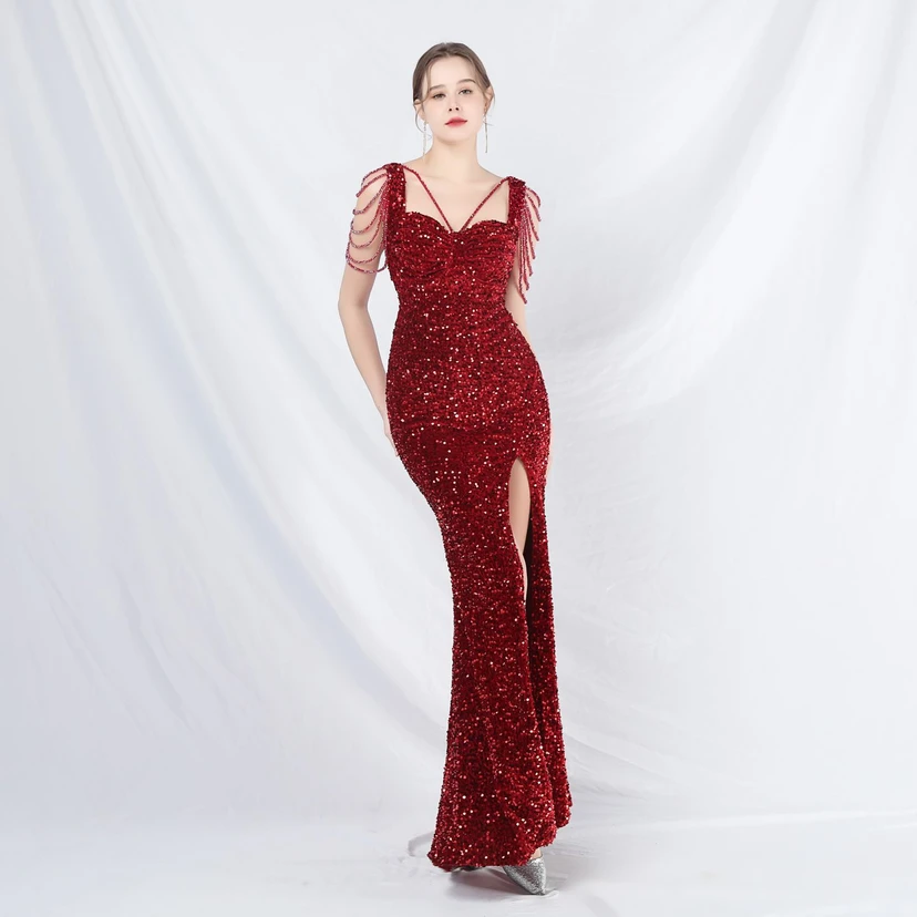 Ladies And Celebrities Formal Occasions Velvet-Bottomed Hand-Beaded Long Evening Dress view 38