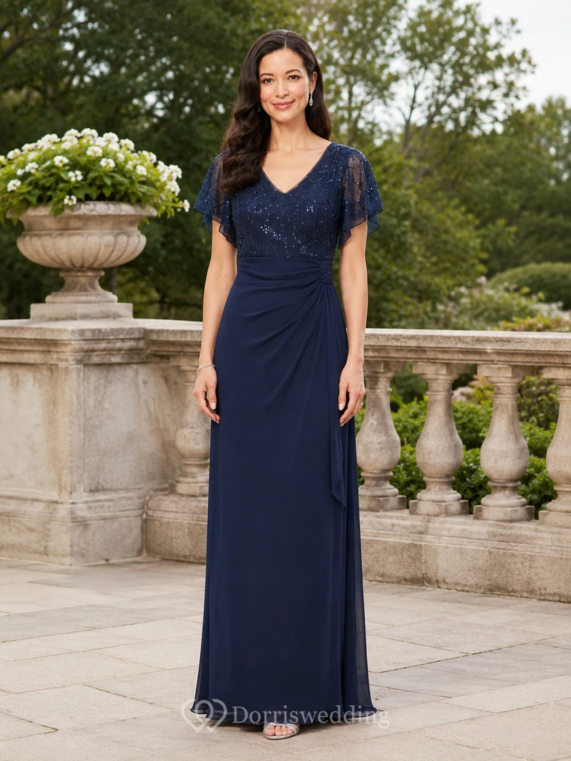 A-Line Lace Mother of the Bride Dress with V-neck, Short Sleeve and Lace Ruching, Floor Length