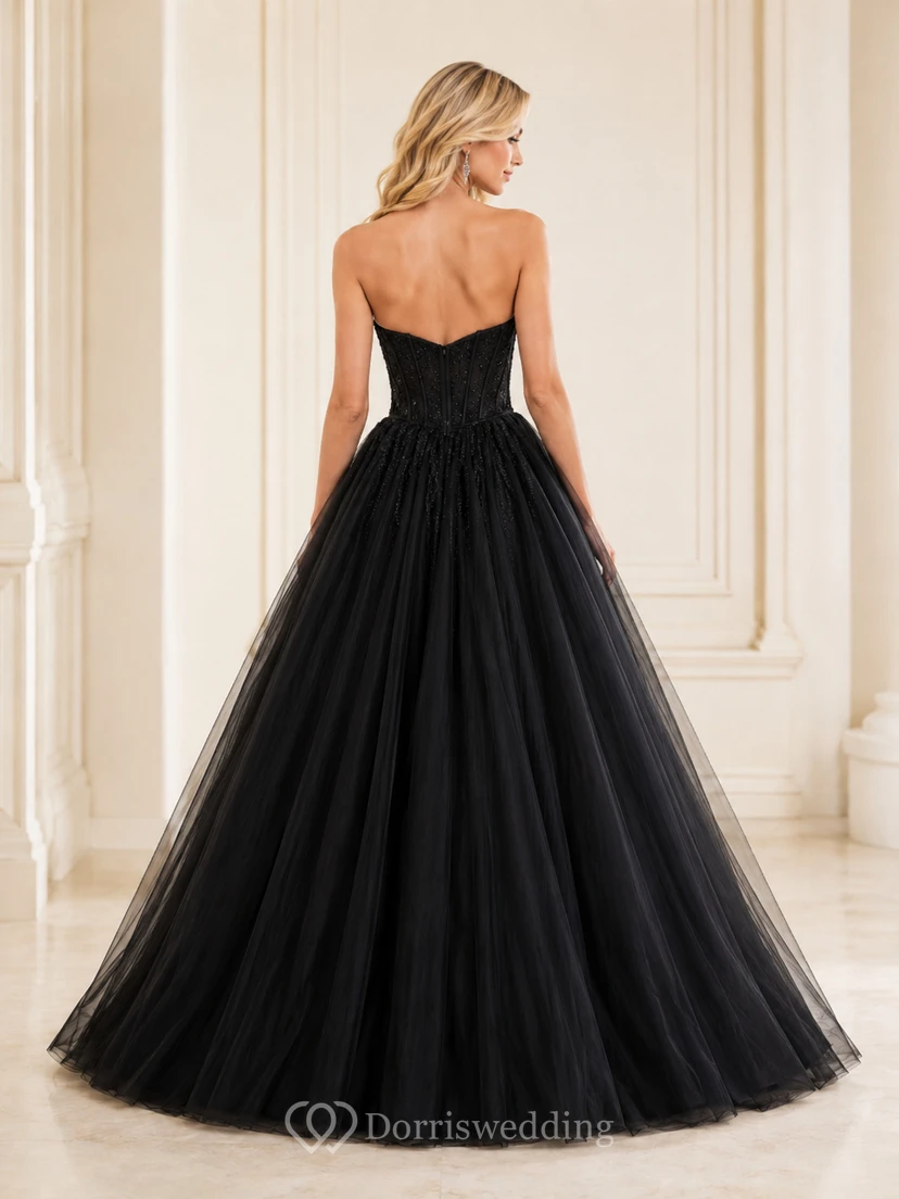 Black Strapless Sweetheart Pleated Tulle Low-Back Luxury Quinceanera Ball Gown view 2