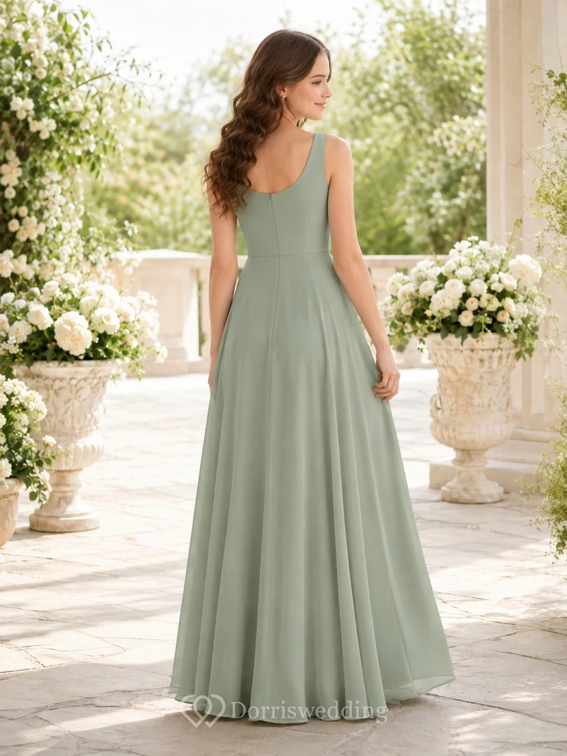 Vestido de dama de honor juvenil color celadón, corte en A, escote redondo, sin mangas, de gasa, sencillo. view 2