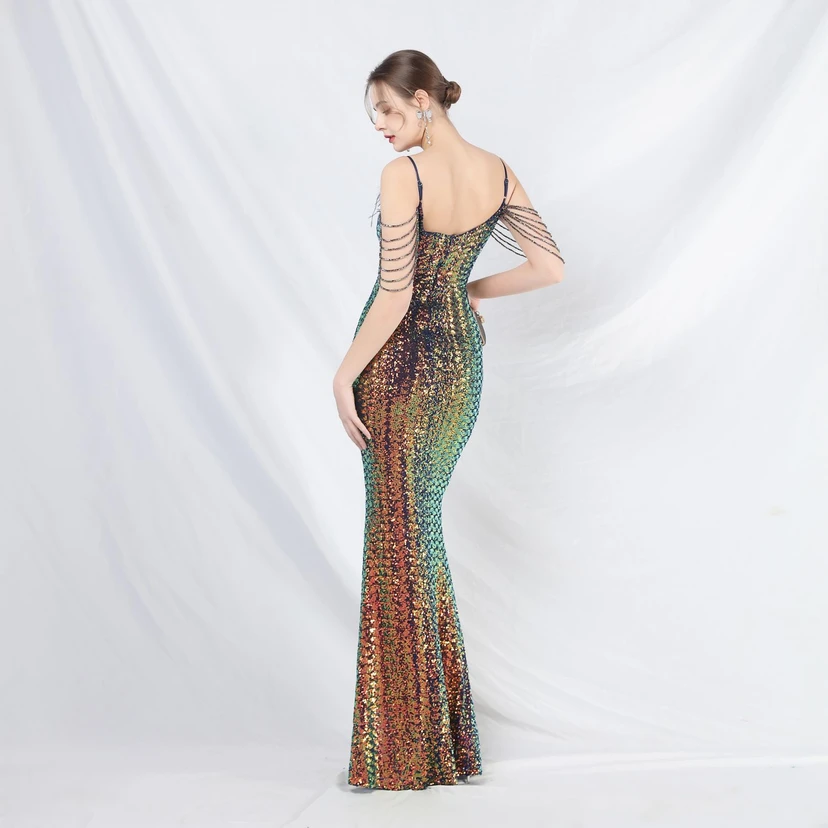Craft Beaded Ostrich Feather Fantasy Sequined Long Evening Dress view 51