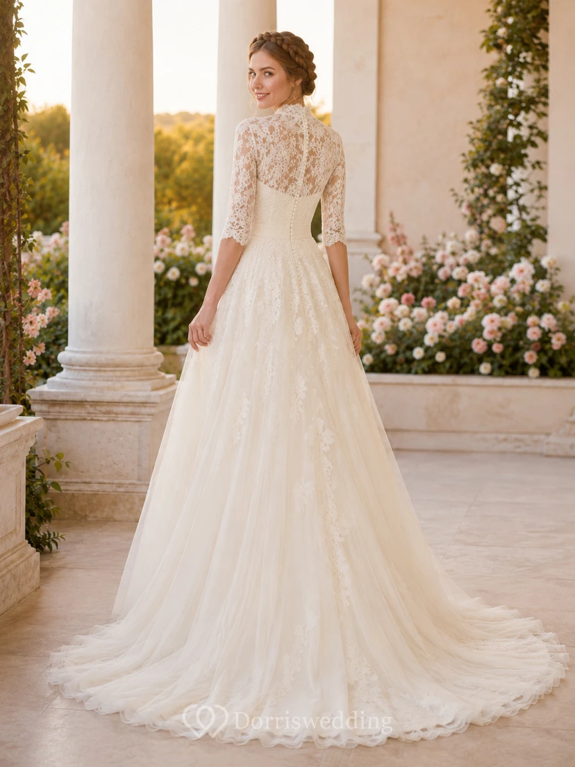 Modest High Neck Lace Wedding A Line Three Quarter Sleeve Court Train view 2