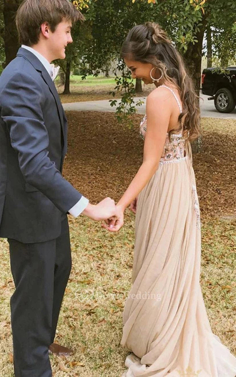 Spaghetti Beaded Chiffon Beaded Applique Prom Dress view 2