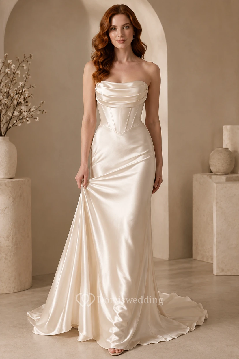 Satin Wedding Dress Mermaid Strapless Sweetheart Sweep Train Bridal Gown