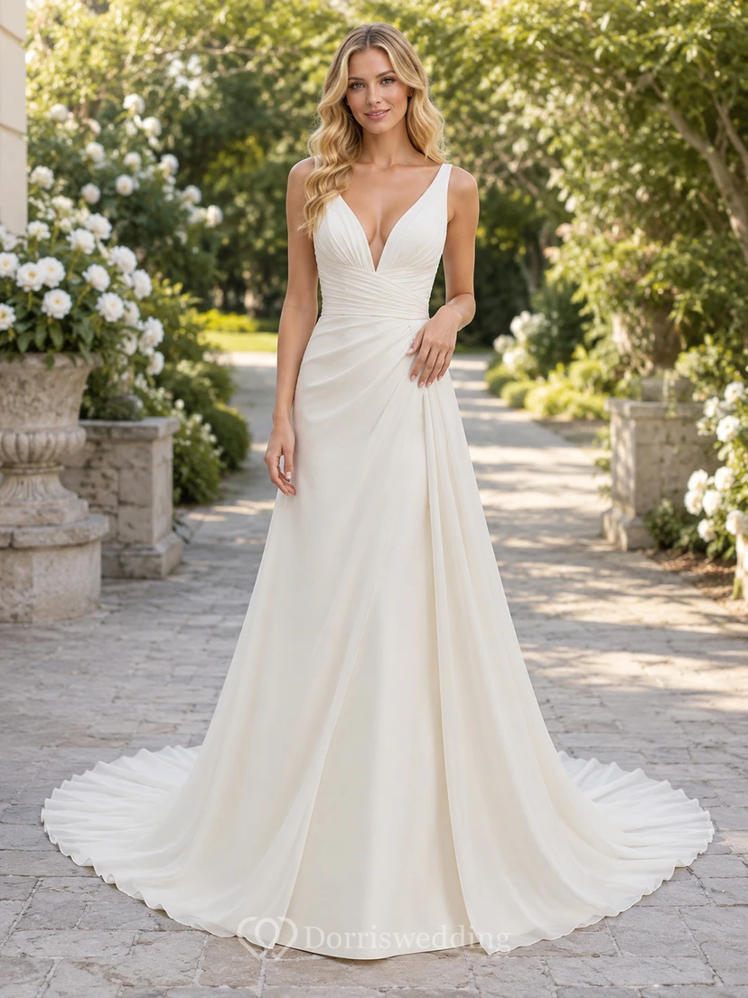 Brautkleid aus Satin, A-Linie, V-Ausschnitt, ärmellos, Kapellenschleppe, tiefer V-Ausschnitt am Rücken