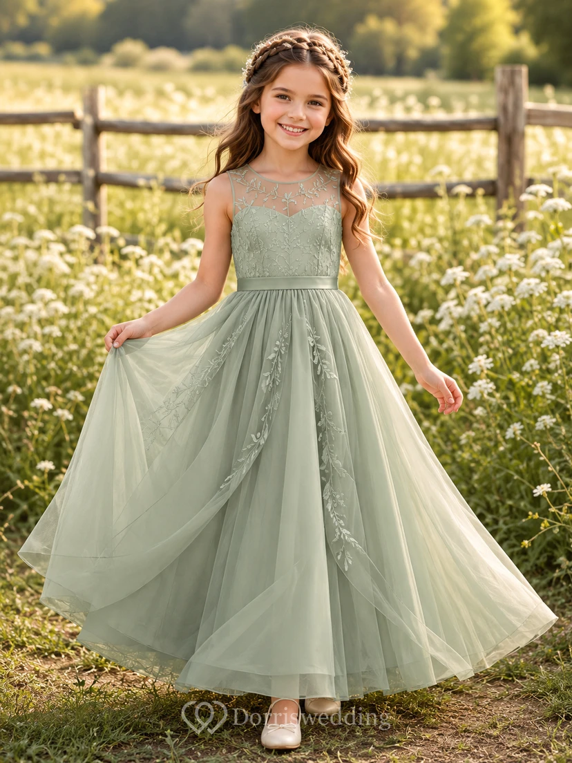 Sage Romantic Ankle-Length A-Line Tulle Illusion Neck Floral Applique Flower Girl Dress