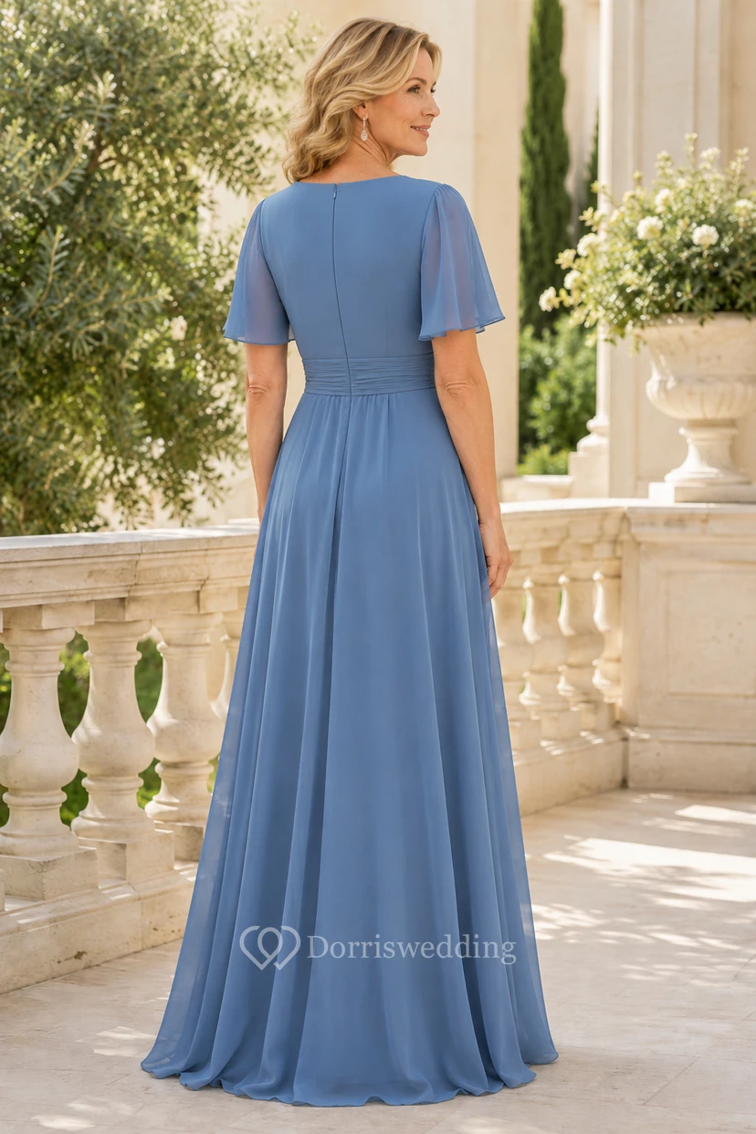 MOB-Kleid, stahlblau, Chiffon, A-Linie, kurze Ärmel, V-Ausschnitt, bodenlang, gerafft view 2