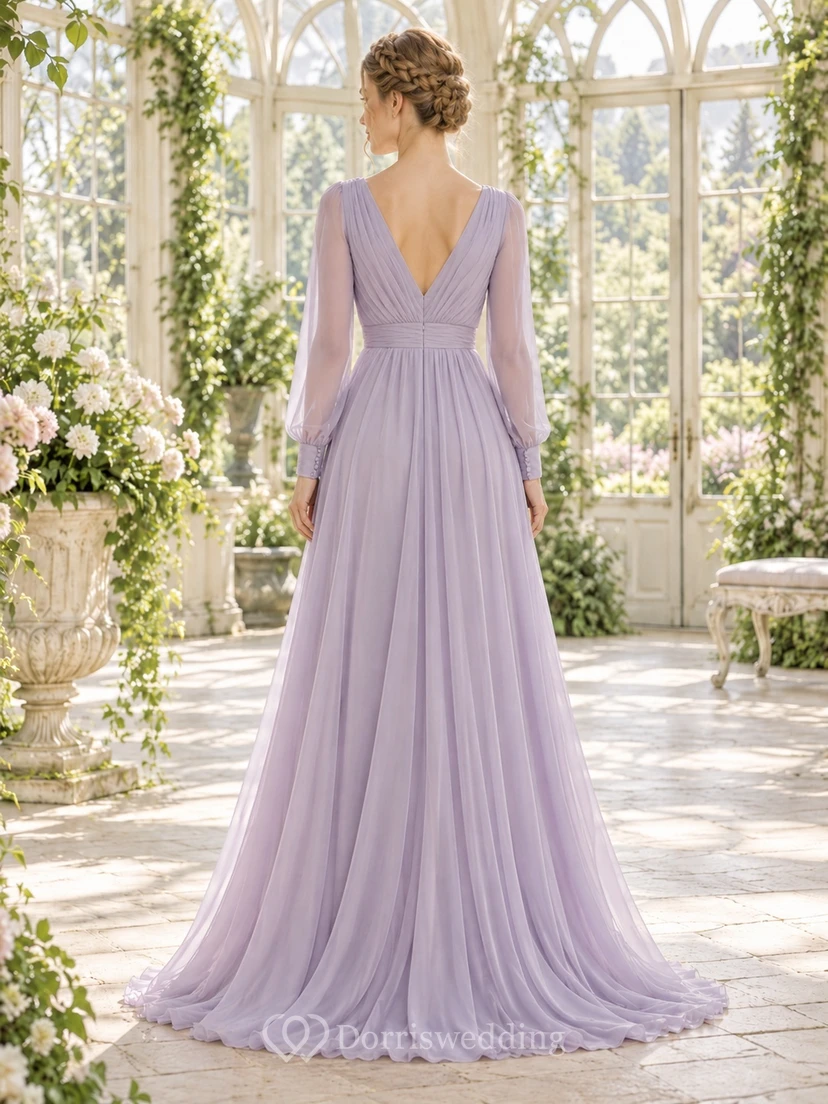 Simple Long Sleeve Lavender V-neck Chiffon A-line Elegant Evening Dress view 2