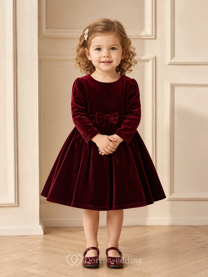 Burgundy Velvet Bow Long Sleeve Flowergirl Dress Classic Occasion