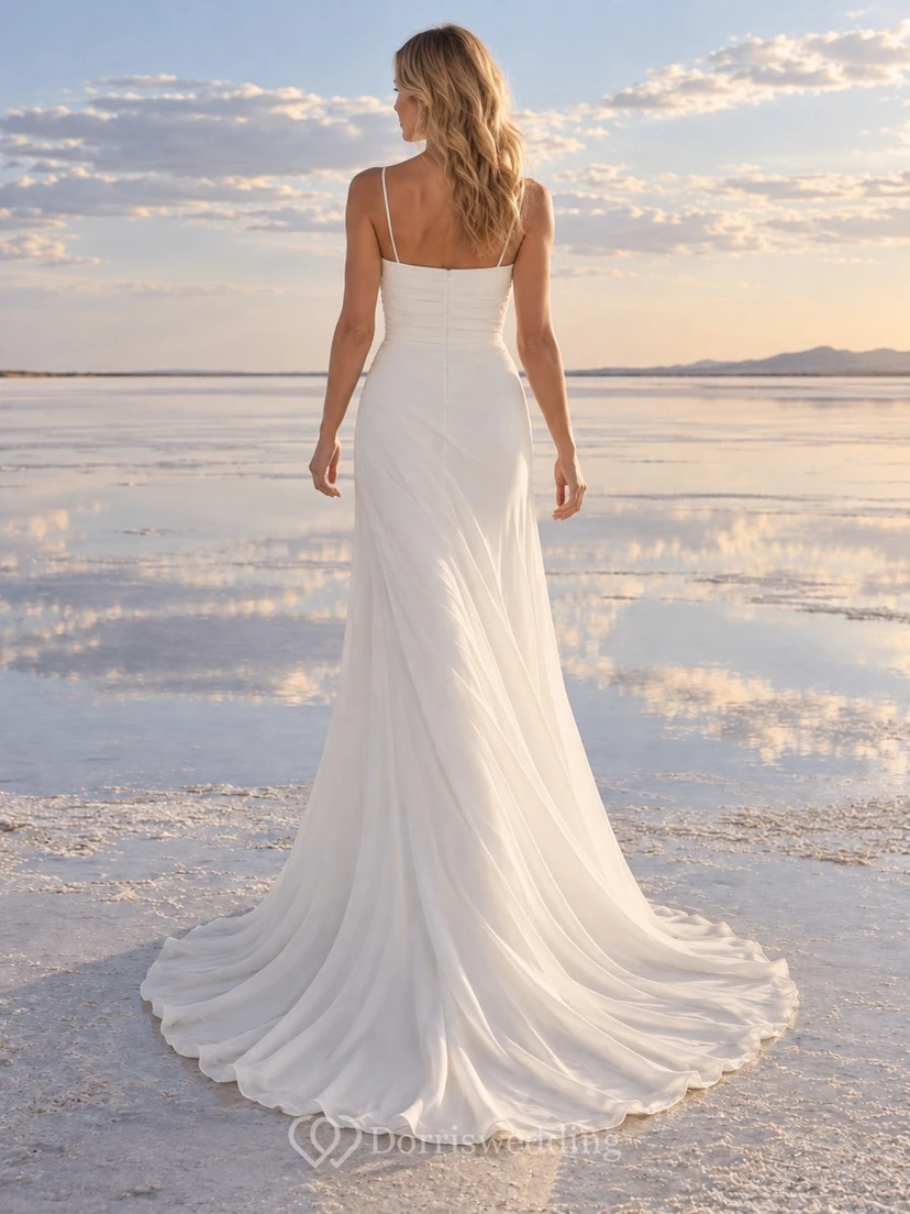 Vestido de novia sencillo de gasa con escote cuadrado, tirantes finos y cintura drapeada. view 2