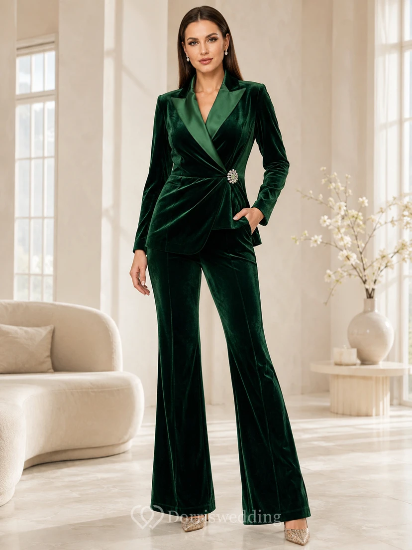 Emerald Dark-Green Notched V-Neck Long-Sleeve Velvet Wide-Leg Brooch Formal Mother Evening Jumpsuit