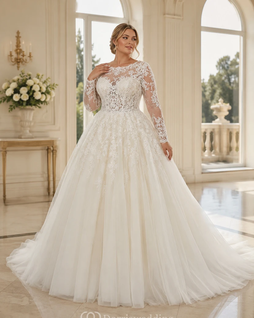 Robe de bal longue à manches longues effet illusion royale - Robe de mariée en tulle ornée d'appliqués de dentelle et traîne cathédrale