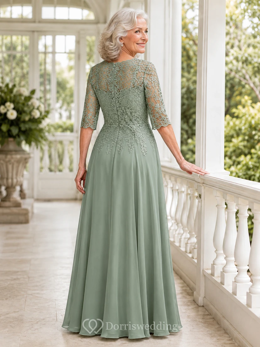 Celadonfarbenes Mutterkleid mit V-Ausschnitt, Dreiviertelärmeln aus Spitze und A-Linie – romantischer Gartenstil view 2