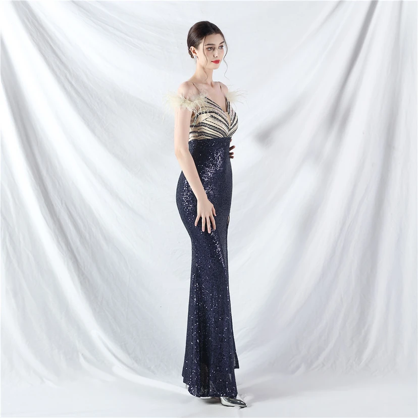 Elegantes Abendkleid mit Straußenfedern und Perlen, sexy, lang, mit Trägern und Schlitz view 63