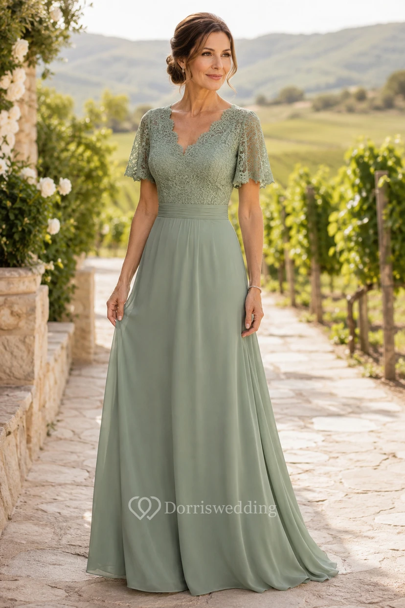 Robe de mère trapèze en dentelle sauge à manches courtes et dos nu en forme de goutte, avec dos en forme de goutte.