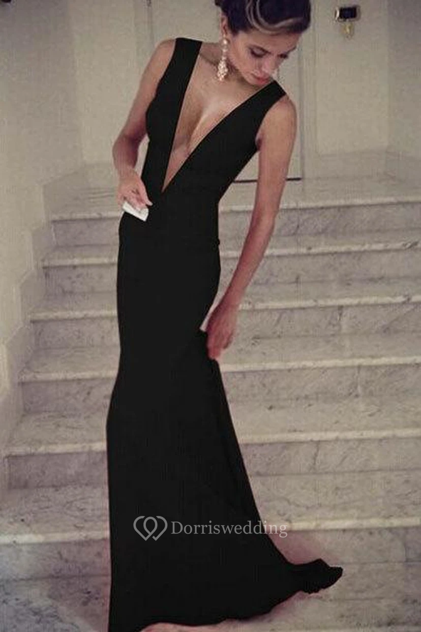 Secy Black Deep V-Neck Prom Dresses Sleeveless Mermaid Long