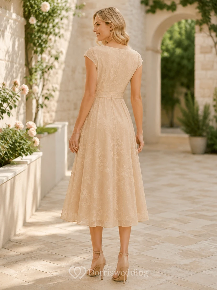 Taupe Guest Dress A-Line Lace V-Neck Cap Sleeve Tea-Length Romantic Garden Style view 2