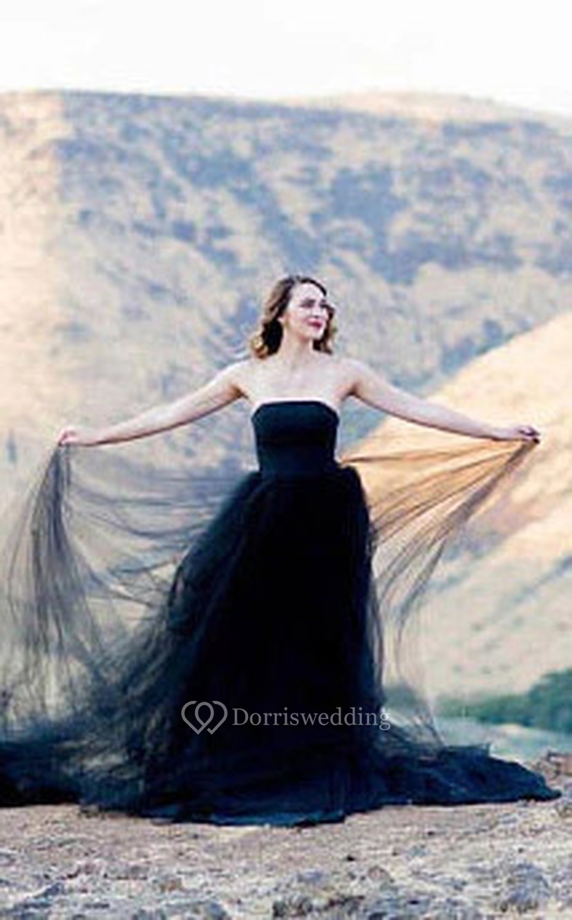 Black Strapless Gothic Tulle Simple Dress with Court Train