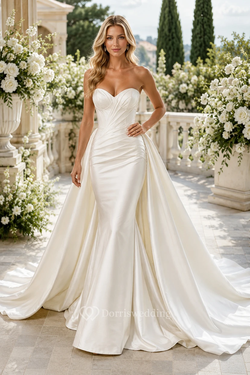 Robe de mariée sirène en satin, bustier cœur, traîne chapelle