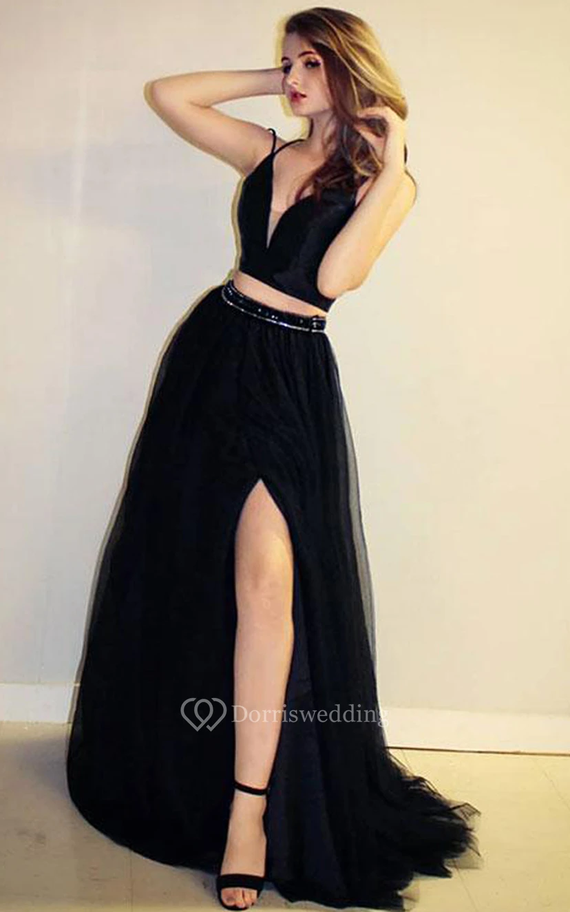 Satin Tulle Floor-length Sweep Train Two Piece Sleeveless Informal Evening Dress view 2