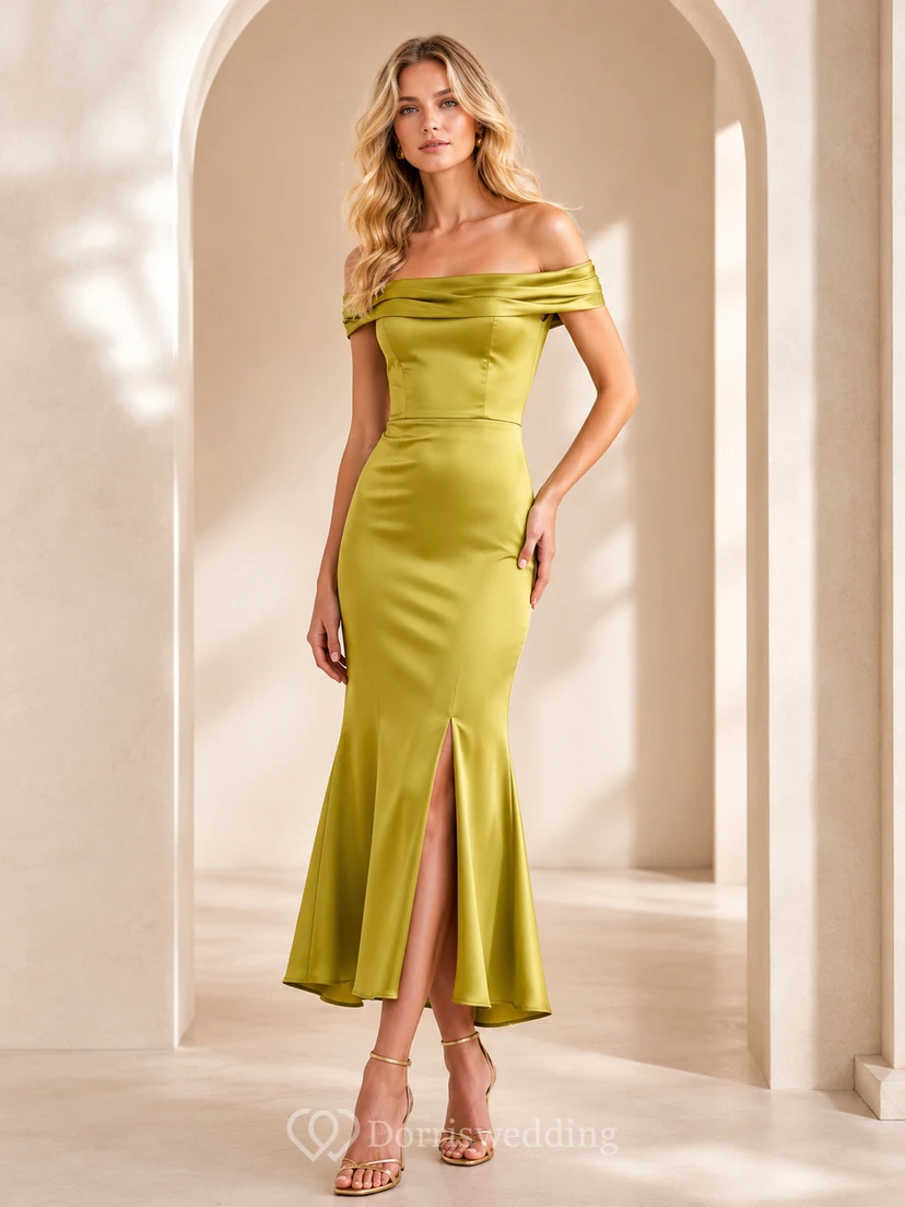 Chartreuse Off Shoulder Satin Midi Fit And Flare Cocktail Dress