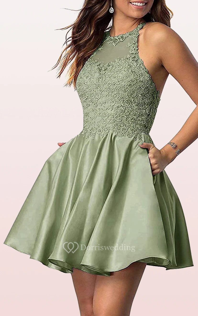 Satin Lace Mini A Line Sleeveless Adorable Homecoming Dress with Pleats view 16