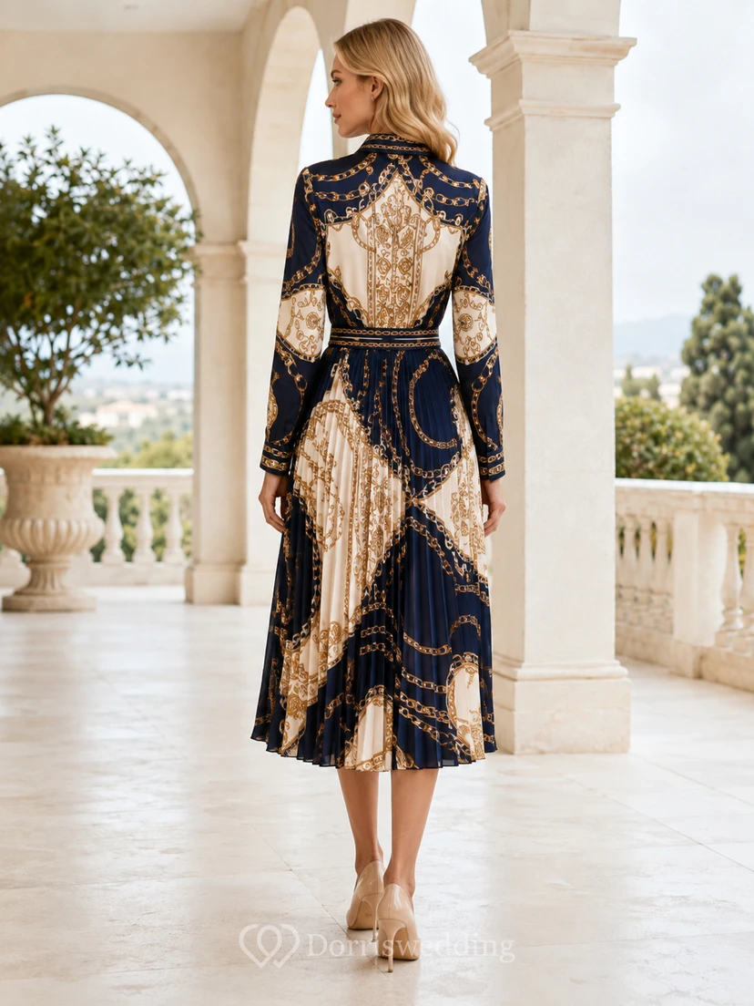 Vestido midi plisado de manga larga con estampado de bufanda azul marino view 2