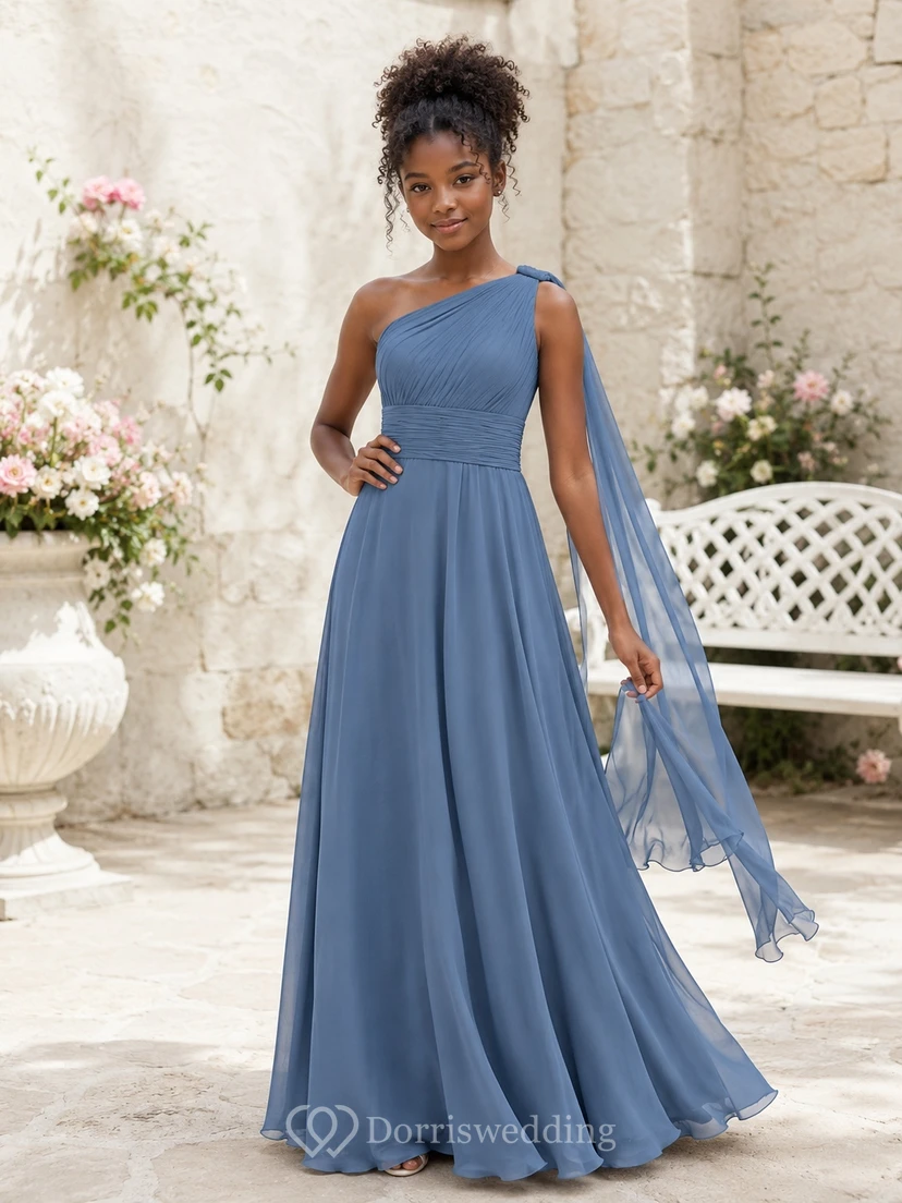 Stahlblaues Brautjungfernkleid für junge Damen, A-Linie, bodenlang, mit One-Shoulder-Ausschnitt, ärmellos, Schulterdrapierung, romantisch