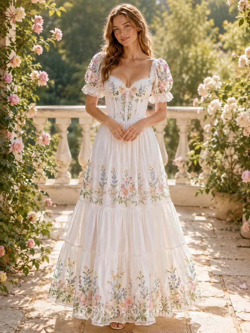 White Floral Lace V-Neck Short Sleeve Ankle Length Bohemian Dress