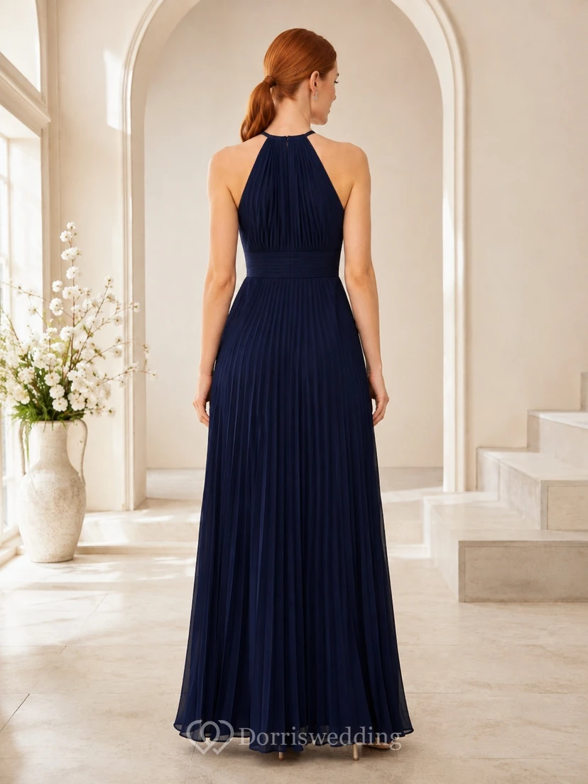 Ink Navy Sleeveless Halter Pleated Chiffon A-Line Floor-Length Guest Dress view 2