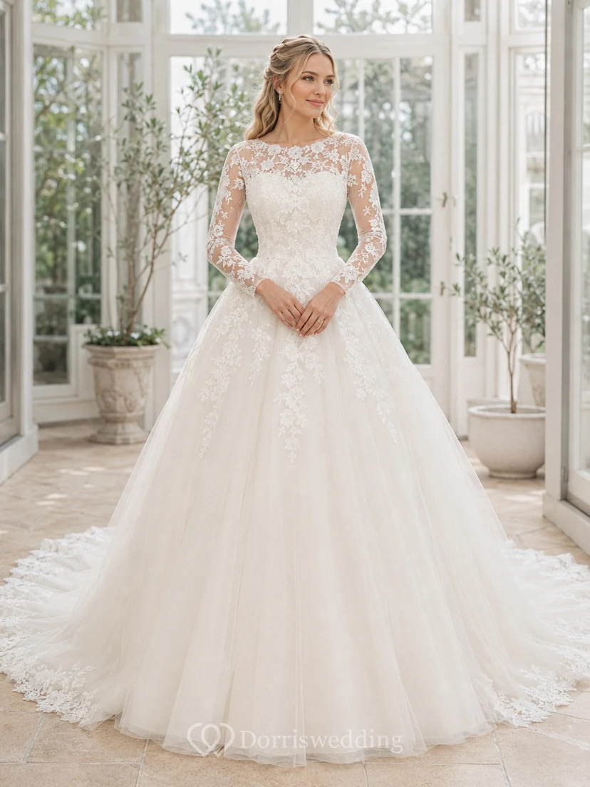 Modest Scoop Long Illusion Lace Sleeve Tulle Ball Gown Chapel Train Wedding Gown