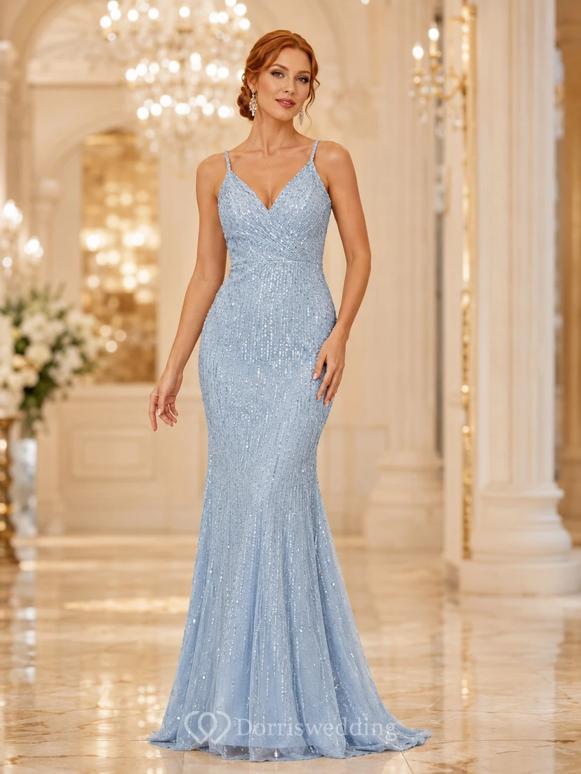 Sky Blue V Neck Lace Mermaid Formal Dress