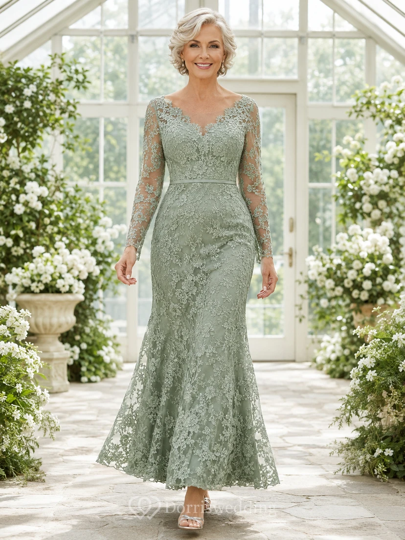 Sage Romantic V-Neck Lace Mermaid Floor-Length Mother of the Bride Dress with Long Illusion Sleeves