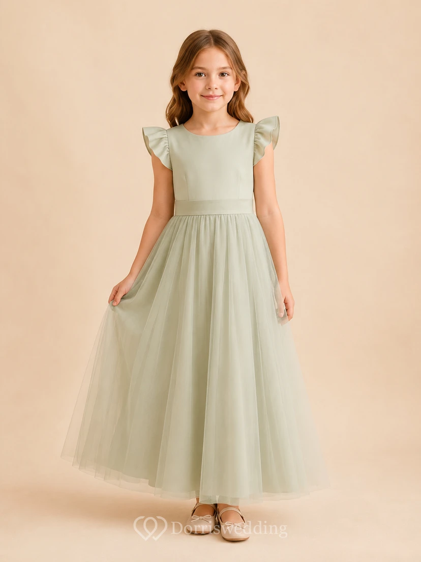 Sage Flutter Sleeve Tulle A-Line Flower Girl Dress with Jewel Neck, Tea-Length Skirt and Bow Detail