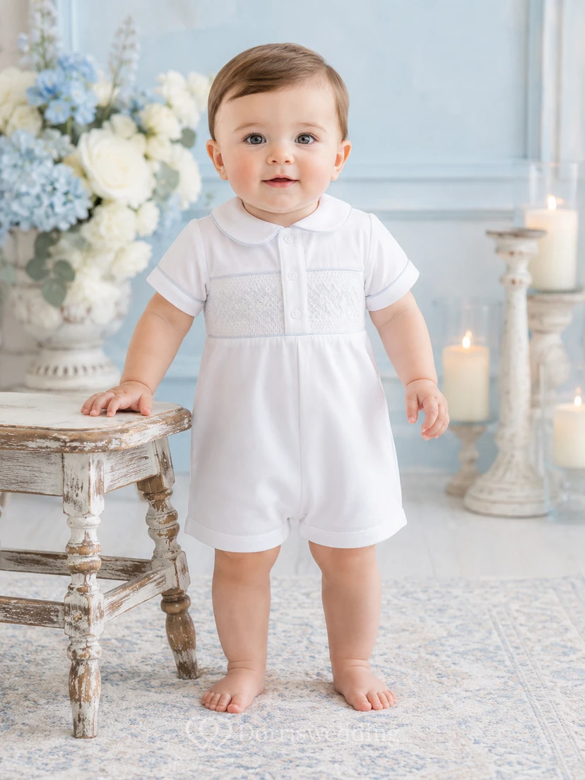 White Pintuck Bib Sailor Collar Short Sleeve Christening Romper for Baby Boy