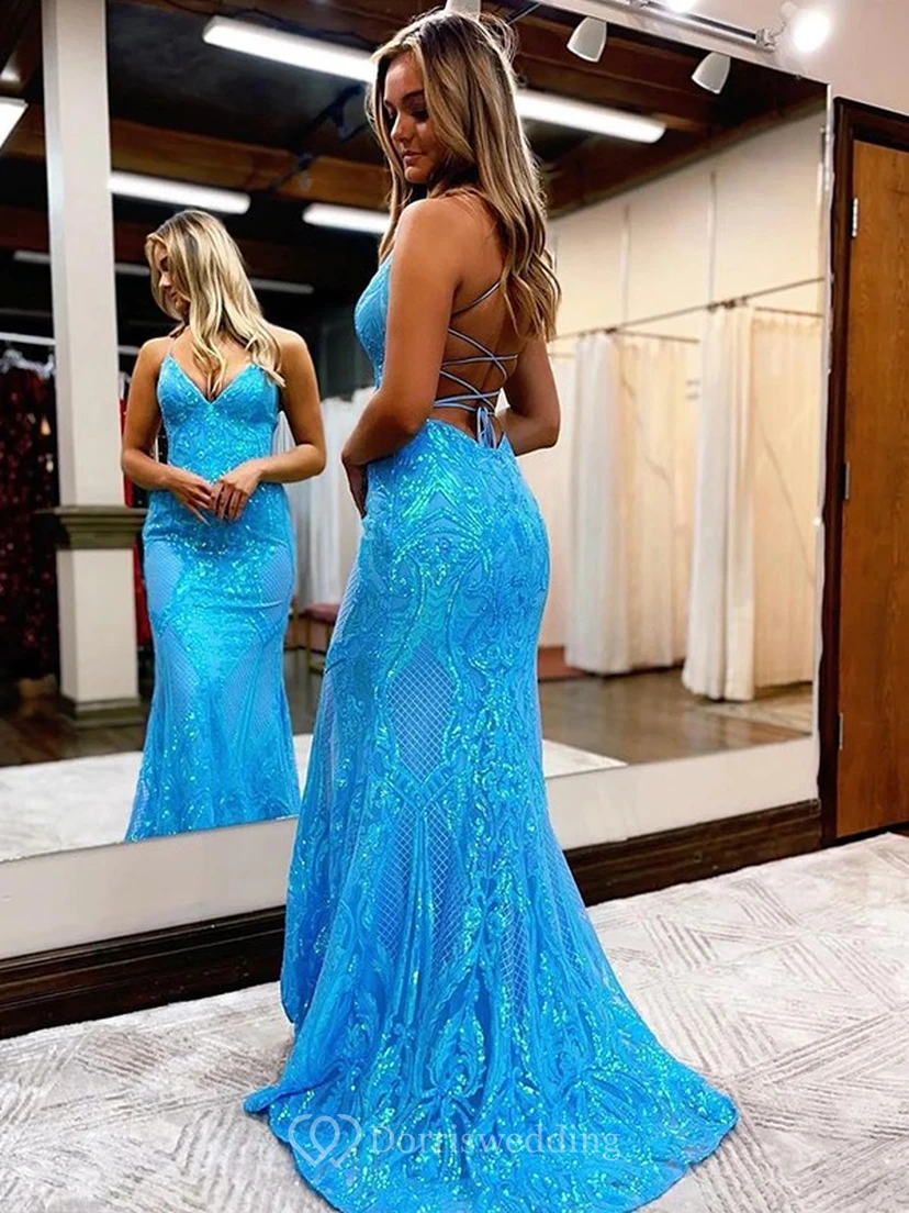 Spaghetti Mermaid Lace Sequin Sexy Exquisite Prom Dress view 2
