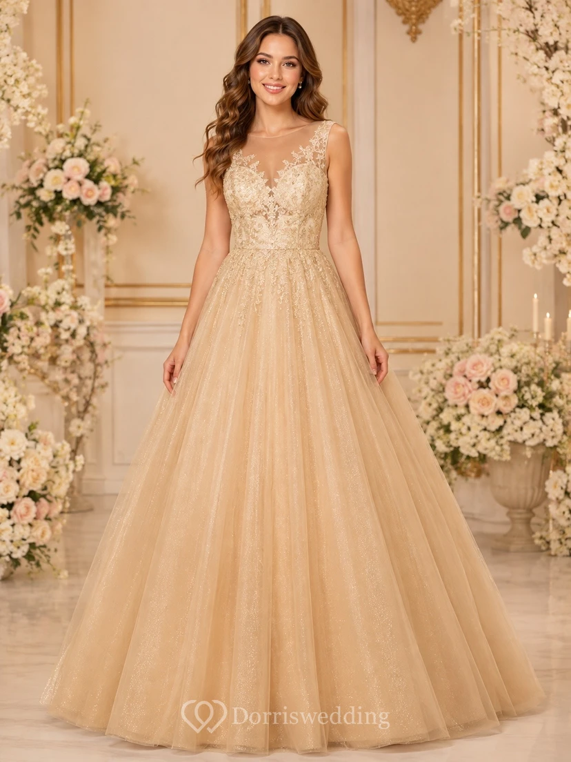 Vestido de quinceañera formal de corte A, sin mangas, con escote en V y encaje color champán
