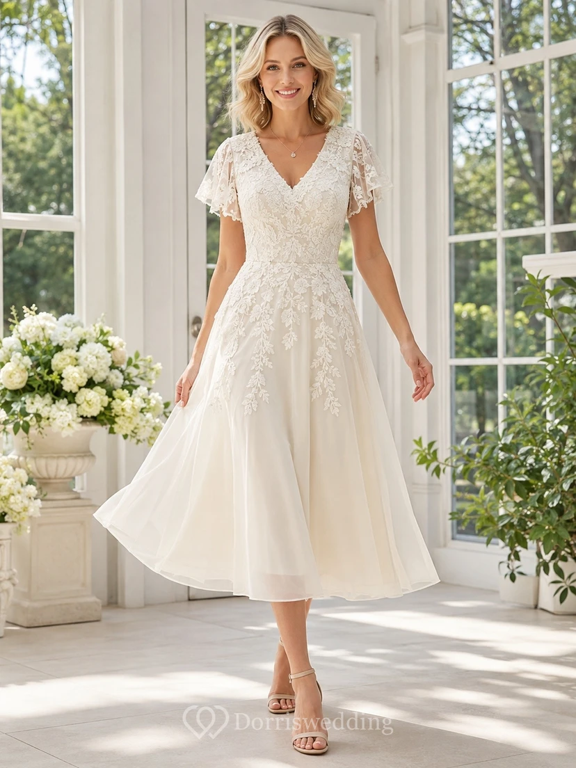 Bridal Romantic V-Neck Lace-Tulle Short-Sleeve A-Line Tea-Length Wedding Dress