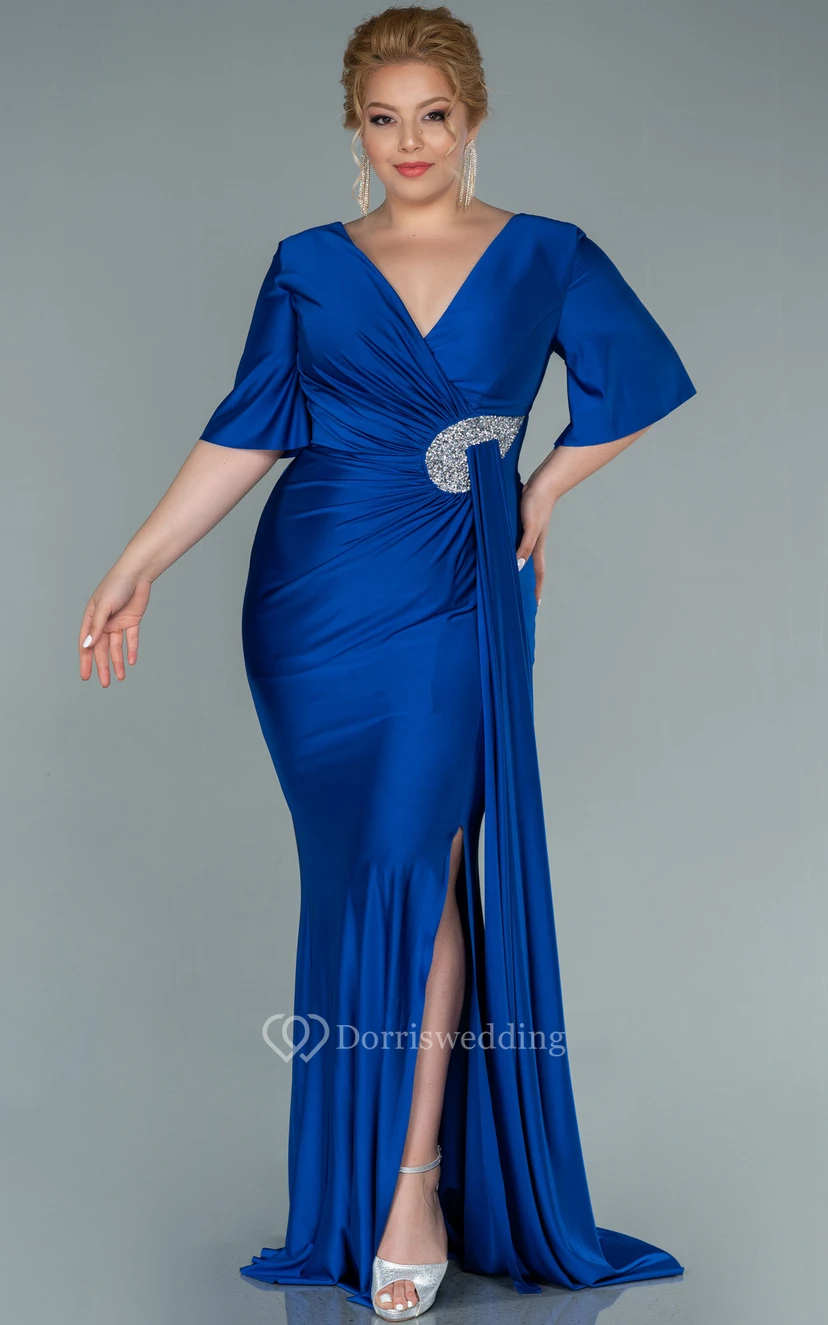 Charming V-neck Half-sleeve Sheath Mermaid Ruched Front Split Plus Size Evening Dress view 5