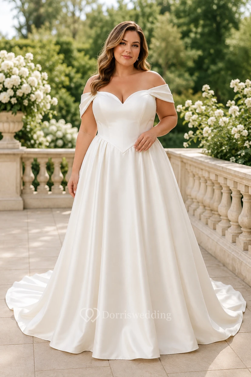 Robe de mariée de bal en satin à épaules dénudées grande taille