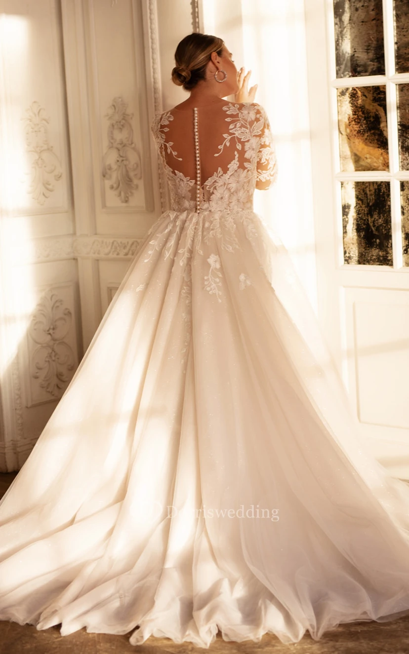 Robe de bal sexy grande taille en dentelle bateau, tulle illusion, coupe trapèze, traîne balayée et appliques view 2