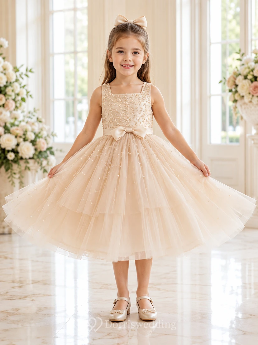 Flower Girl Dress Champagne Lace Tulle A-Line Jewel Neck Tea Length