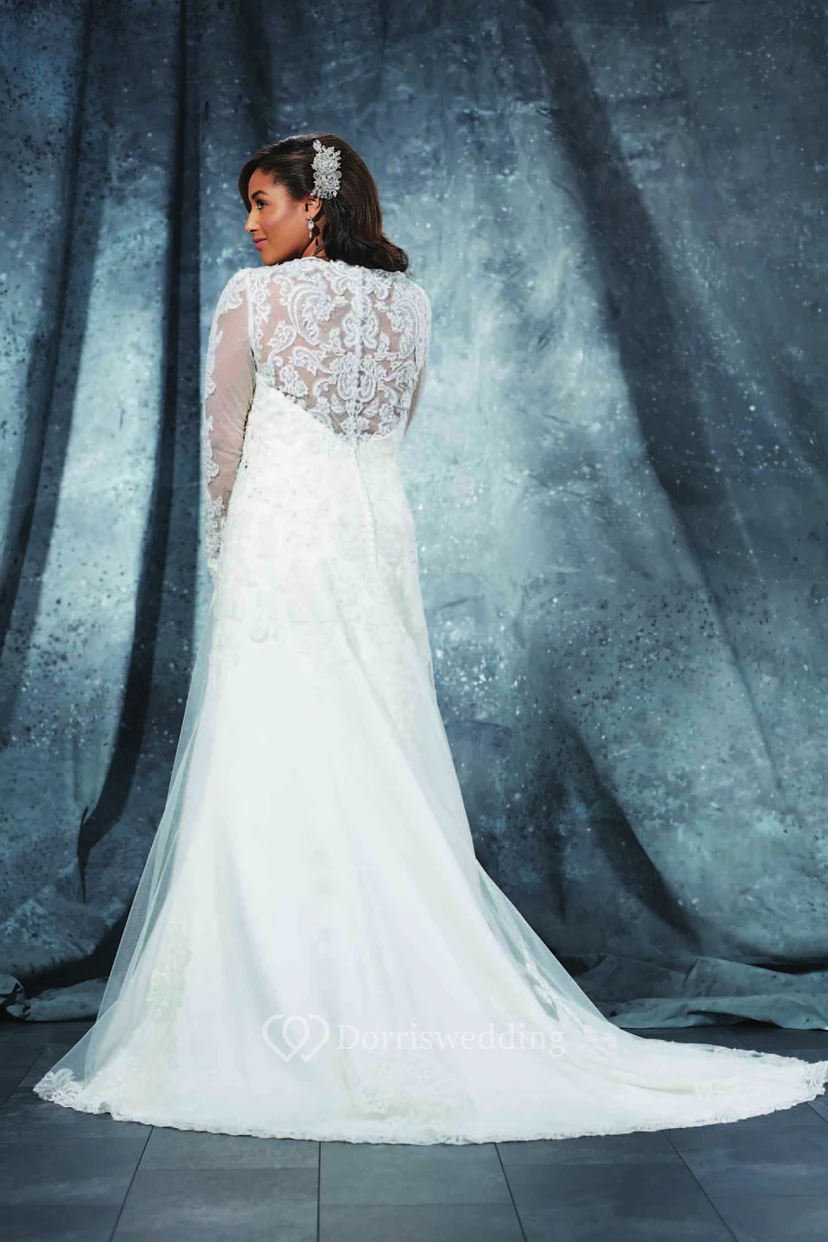 A-Line Floor-Length Bateau Neck Long Sleeve Lace Sweep Train Illusion Appliques Dress view 4