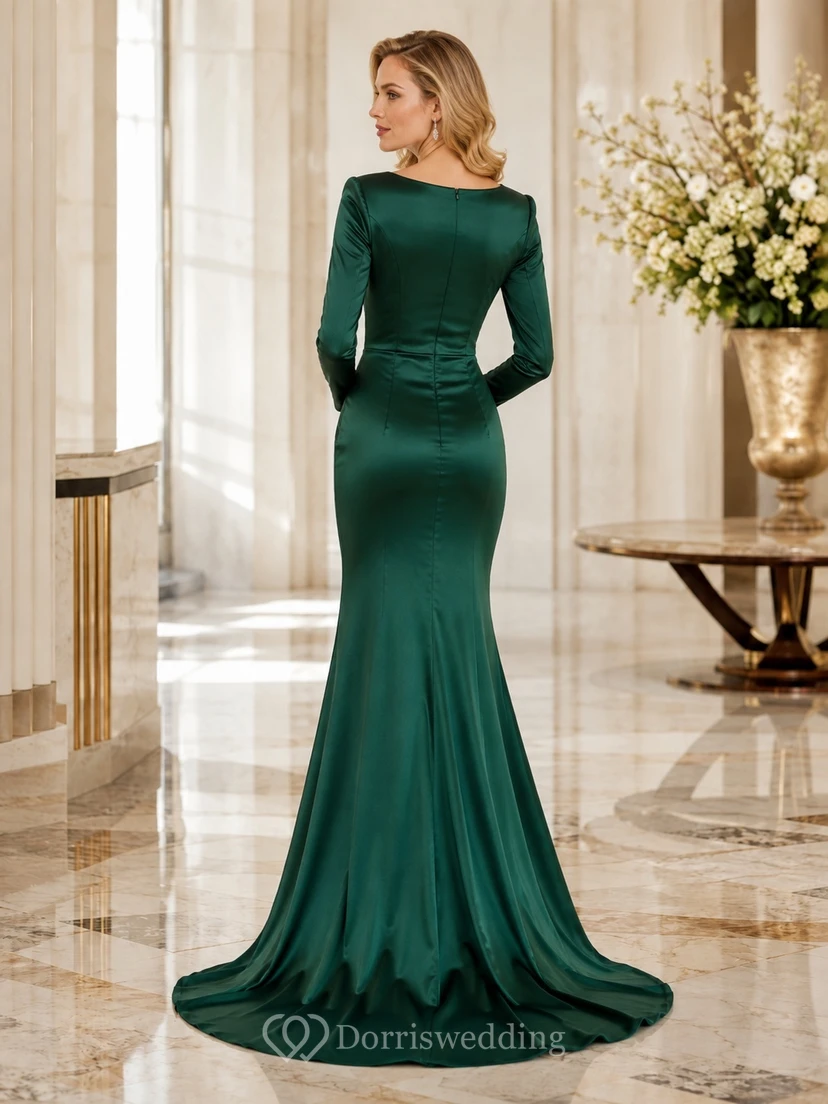 Dark Green Evening Polished Mermaid/Trumpet Bateau Satin Long Sleeve Floor-length Sexy Dress view 2