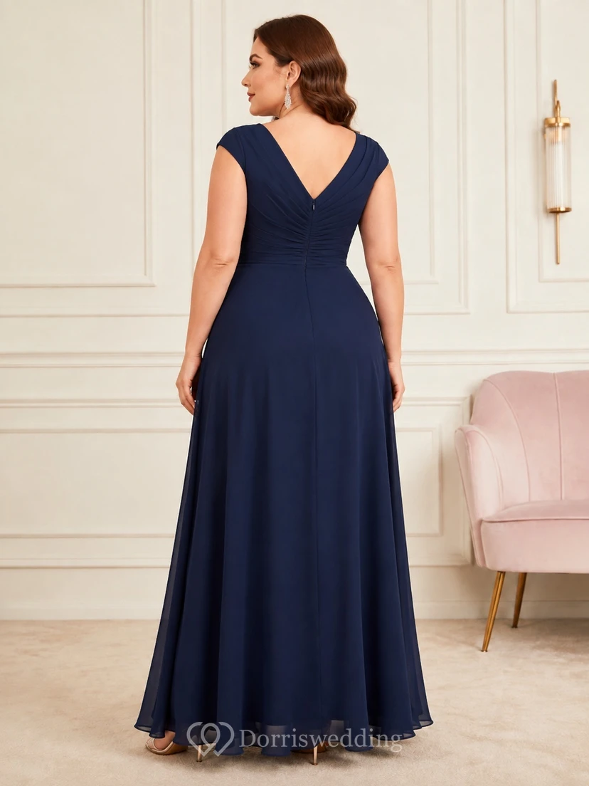 Dark Navy Plus Size V-neck Short Sleeve Chiffon A-Line Floor-length Formal Gown view 2