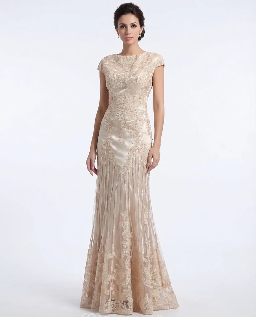 High-Neck Column Maxi with Lace Appliques